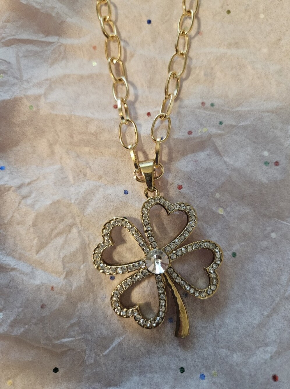 BRAND NEW ** Gold Four-Leaf Clover Pendant Necklace with Black Beaded Chain